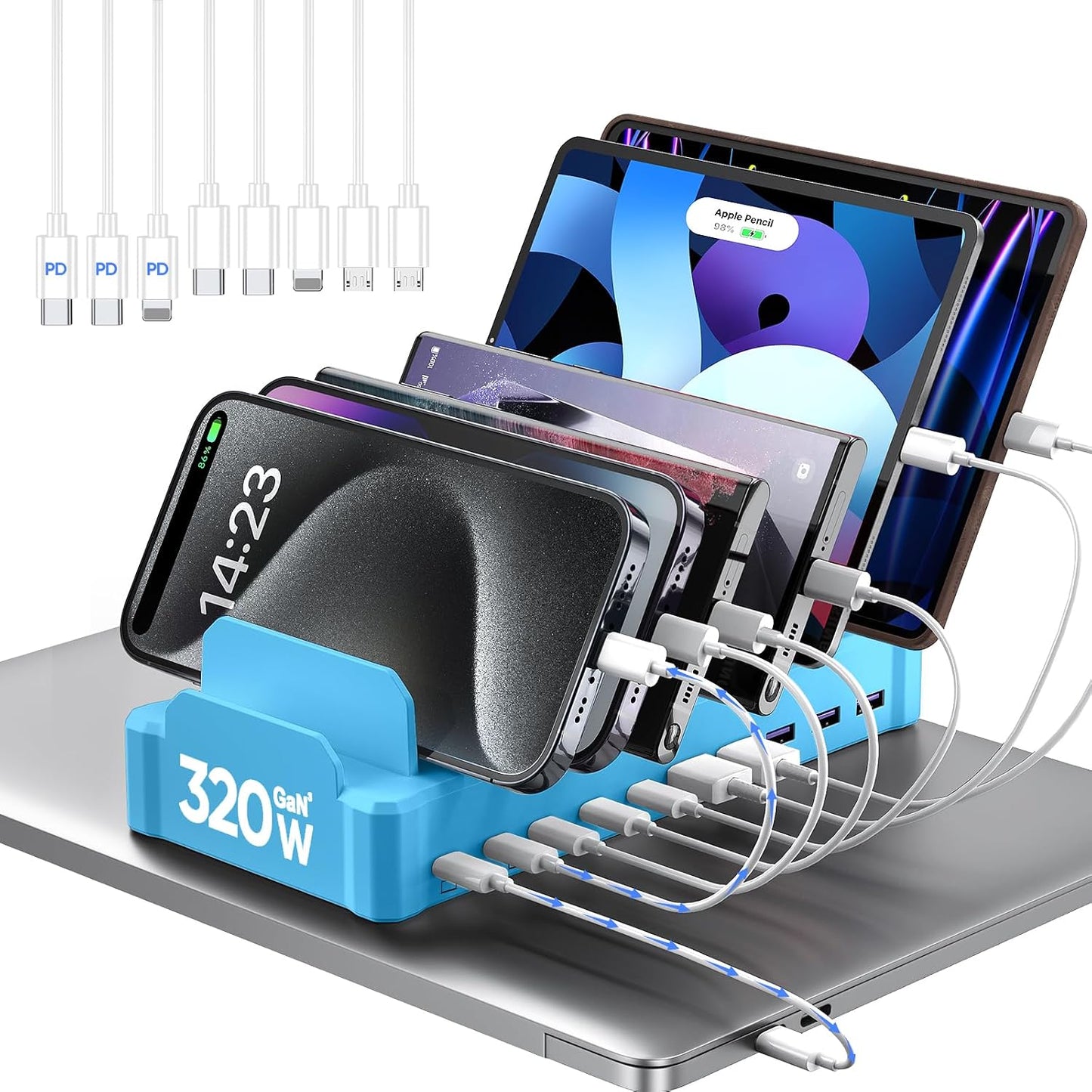 320W Charging Station for Multiple Devices, Zobirez 10-Port USB C Fast Charger Stations for MacBook, iPhone, Android Cell Phone, iPad, Tablet, Family Multi-Device Organizer Charging Dock, Blue