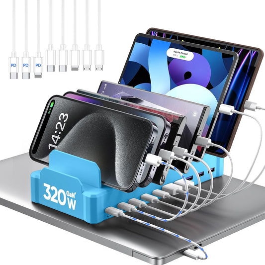 320W Charging Station for Multiple Devices, Zobirez 10-Port USB C Fast Charger Stations for MacBook, iPhone, Android Cell Phone, iPad, Tablet, Family Multi-Device Organizer Charging Dock, Blue