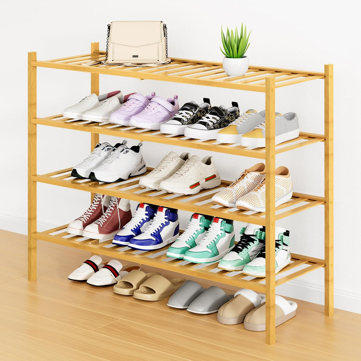 Smiry Bamboo Shoe Rack, 16 Vertical Slats, 4 Tier - 33.7" Wide, Natural