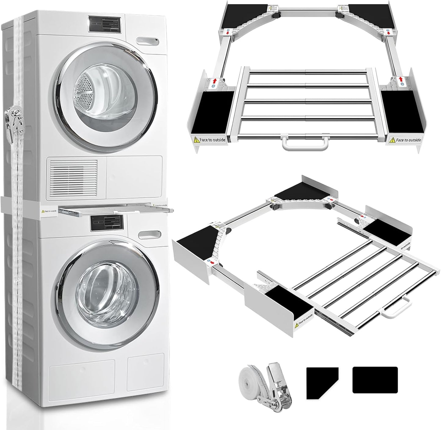 Kiss Core Washer Dryer Stacking Kit 29 inch, Universal Washer and Dryer Stacking Kit with Pull Out Drying Rack, Adjustable 29"/28"/27"/26"/25"/24" Stacking Kit with Ratchet Strap