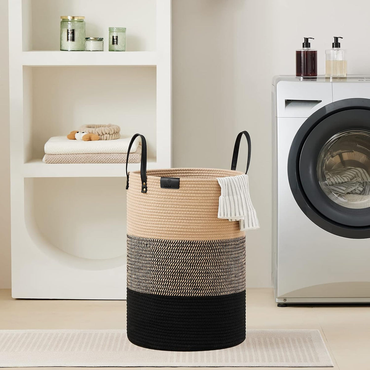 VIPOSCO 72L Tall Woven Rope Laundry Hamper, Leather Handles, Brown & Black