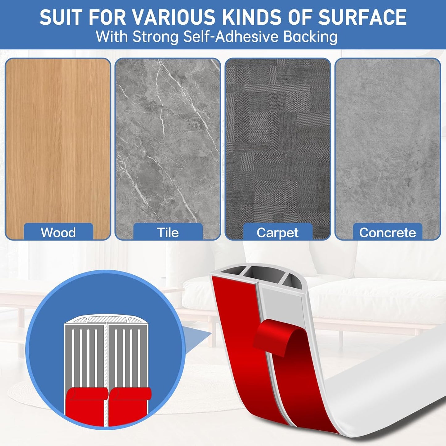 LSGCQ Floor Cord Cover Self Adhesive Cord Hider Floor Cable Management | Cord Covers for Wires on Floor Cable Cover, Prevent Cable Trips, Cable Cavity 0.59" W x 0.31" H, 10Ft, White
