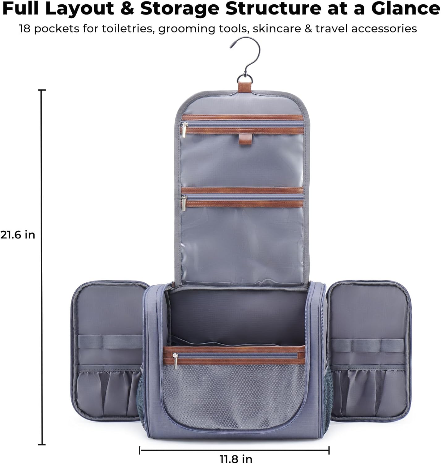 Ralnitote Large Hanging Toiletry Bag for Men, Travel Bathroom Bag with Hook, Hygiene Bag Organizer for Shower, Shaving & Grooming Essentials, Gray