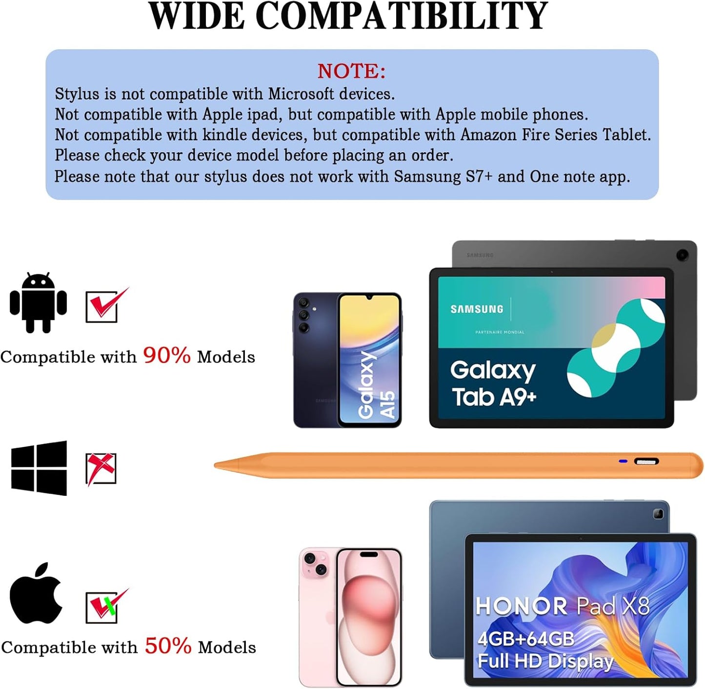 Stylus Pen for Android Tablet,Tablet Pencil for iOS/Android,Rechargeable Active Stylus Pen for iPhone/Samsung/XiaoMi/Huawei/Vivo/Lenovo and Other Android Smartphones and Tablets-Orange