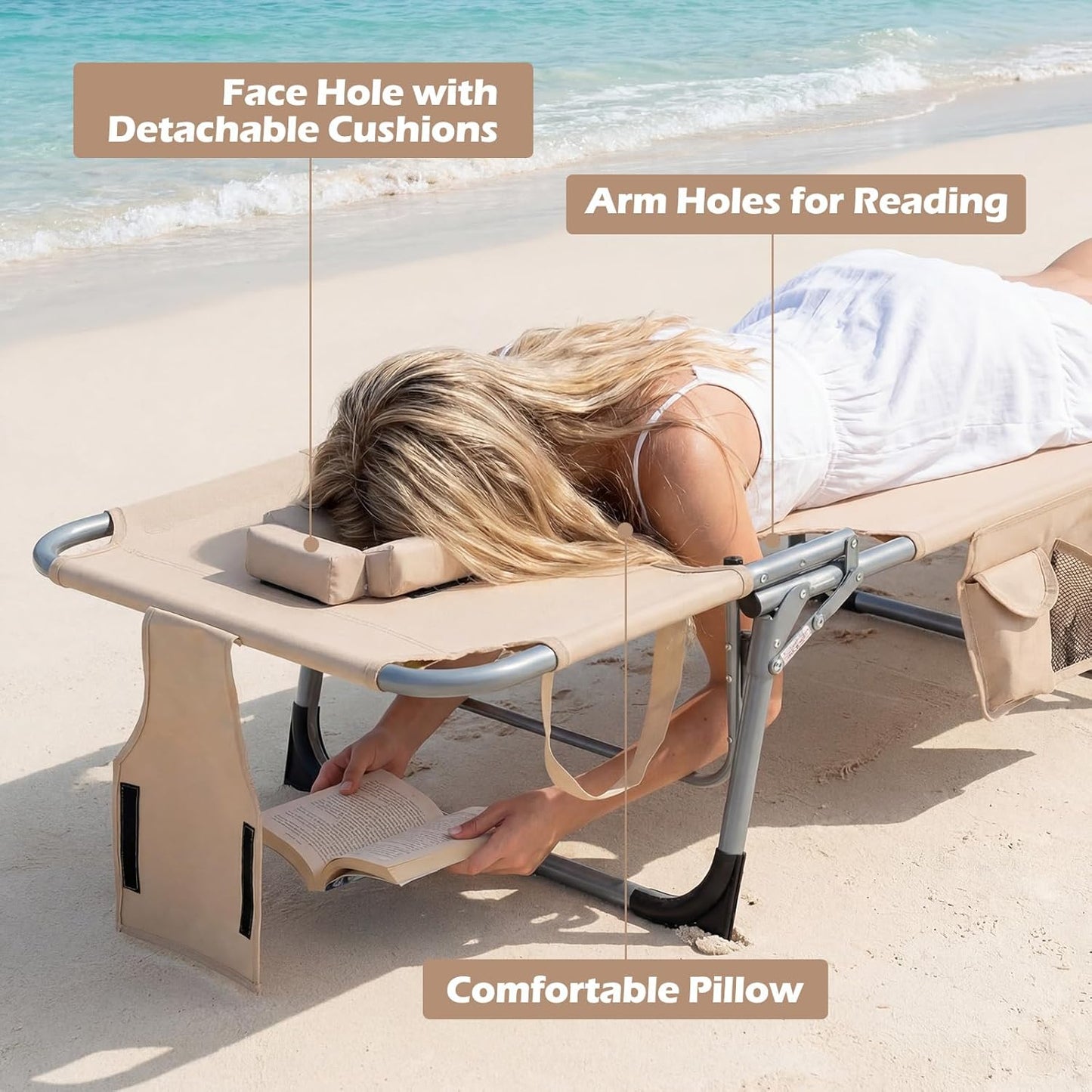 COSTWAY Tanning Chair with Face Hole, Folding Beach Lounge Chair with 4-Position Adjustable Backrest, Pillow & Side Pocket, Foldable Chaise Lounge Chair Outdoor for Sunbathing, Camping (1, Beige)