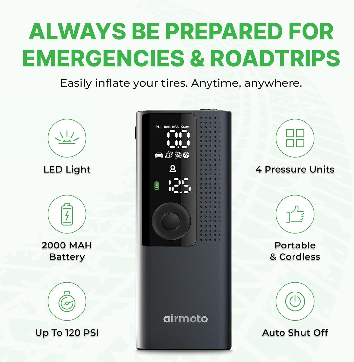 Airmoto Tire Inflator Portable Air Compressor - Air Pump For Car Tires with Digital Pressure Gauge, LED Light and Auto Shut-Off Function - Cordless Pump for Car, Motorcycle, Bicycle, Ball
