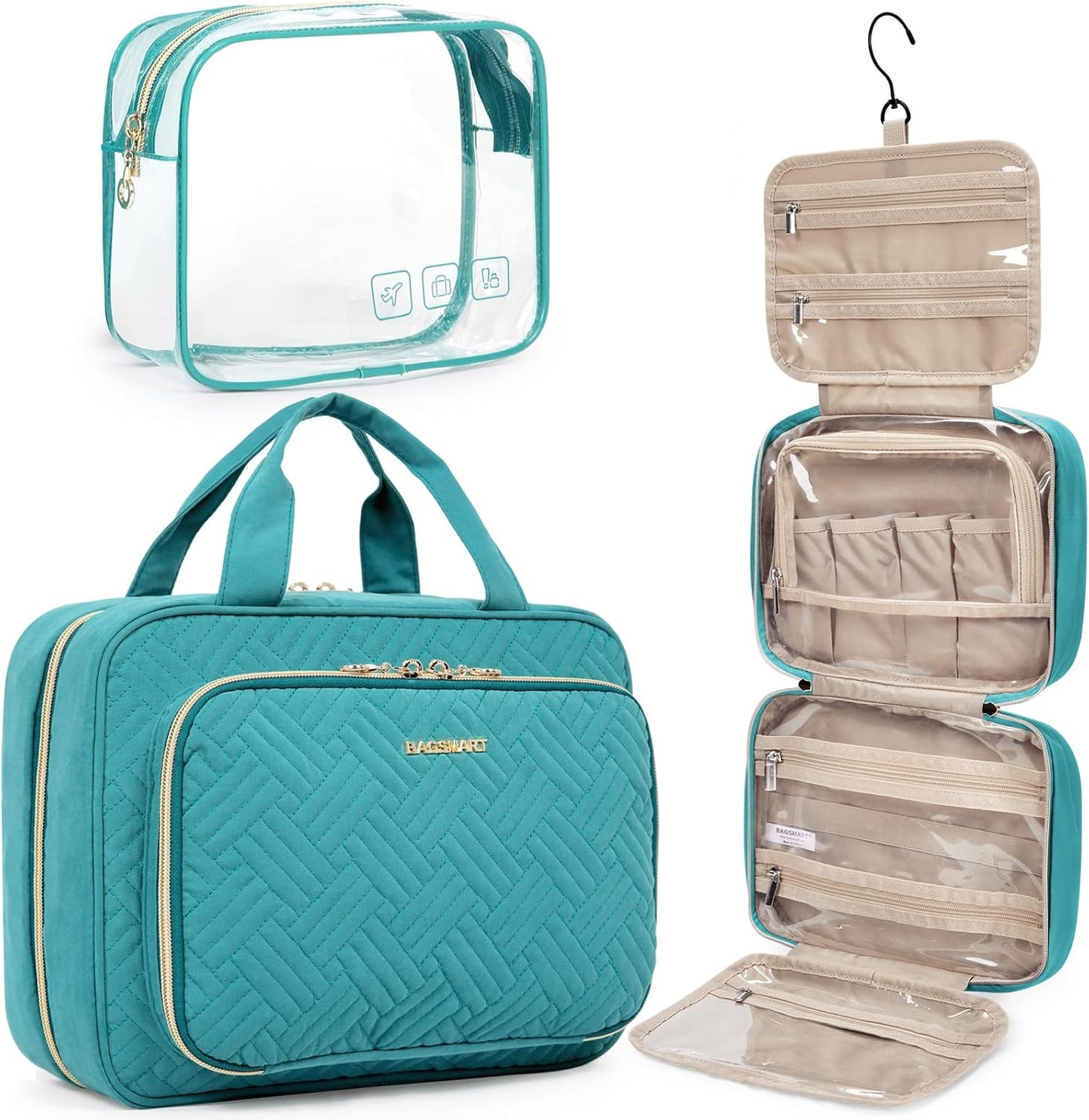 BAGSMART Toiletry Bag Hanging Travel Makeup Organizer with TSA Approved Transparent Cosmetic Bag Makeup Bag for Full Sized Toiletries, Medium-Grey