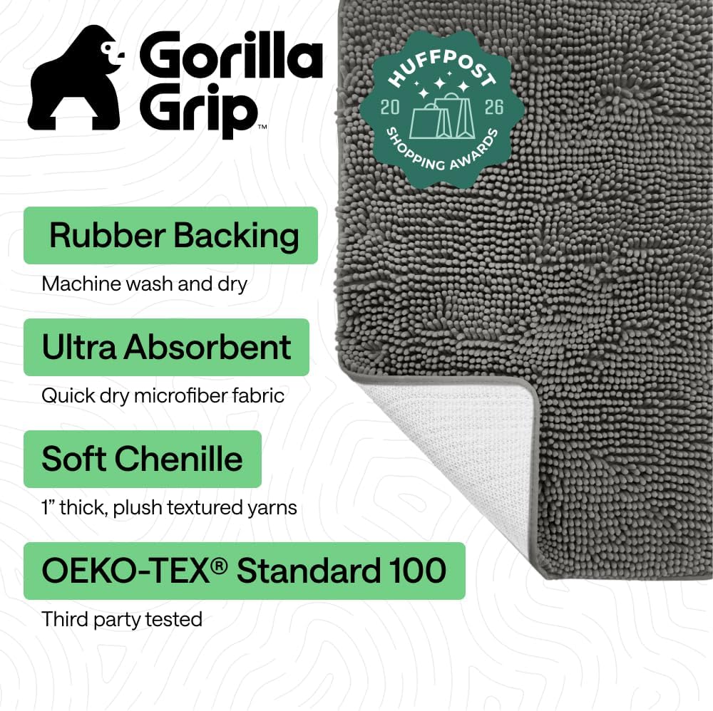 GORILLA GRIP Bath Rug Mat, Thick Soft Absorbent Chenille, Quick Dry Microfiber Mats, Rubber Backing Washable Shower Floor Rugs, US Designed Bathroom Bathmat Home Decor Accessories, 24x17, Charcoal