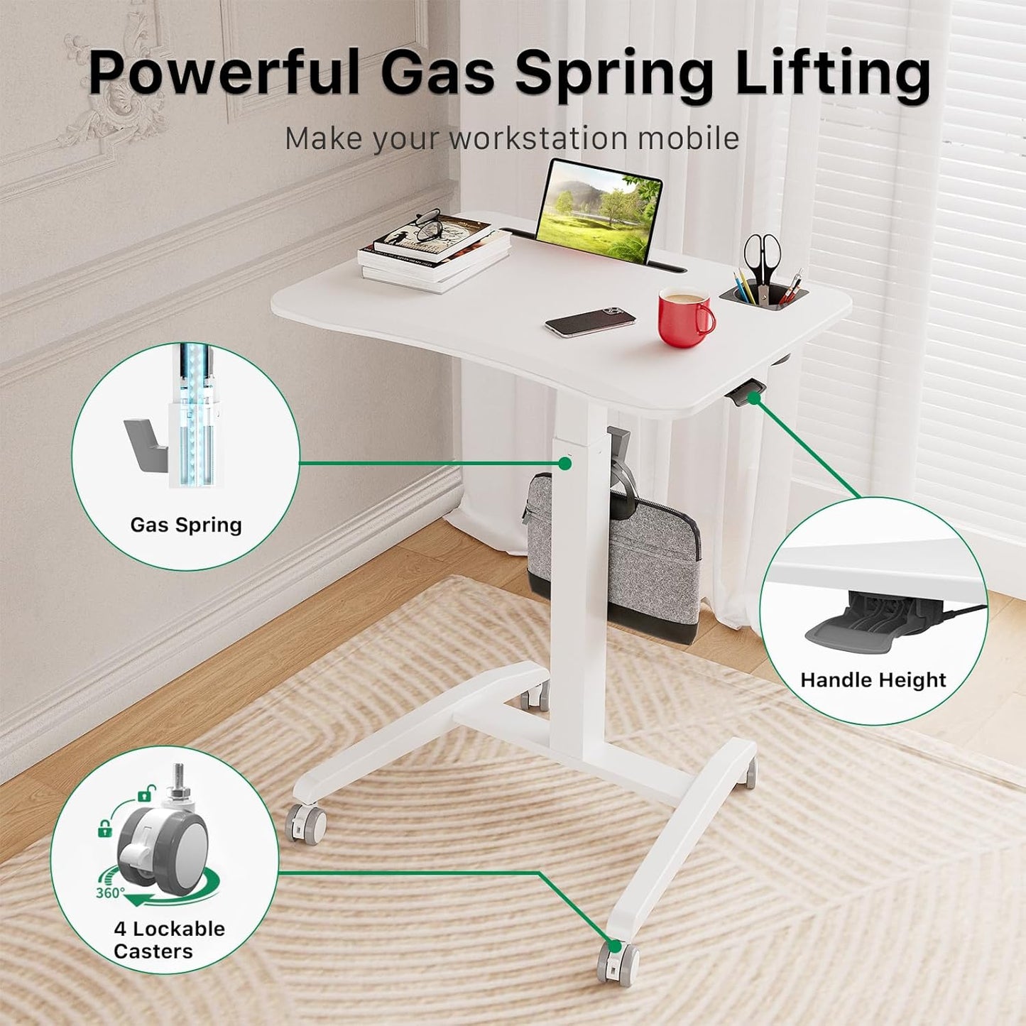 Gibbon Mounts Mobile Standing Desk, Height Adjustable Rolling Laptop Desk, 27 inches Portable Sit Stand Desk with Wheels and Hook, Pneumatic Computer Table, White