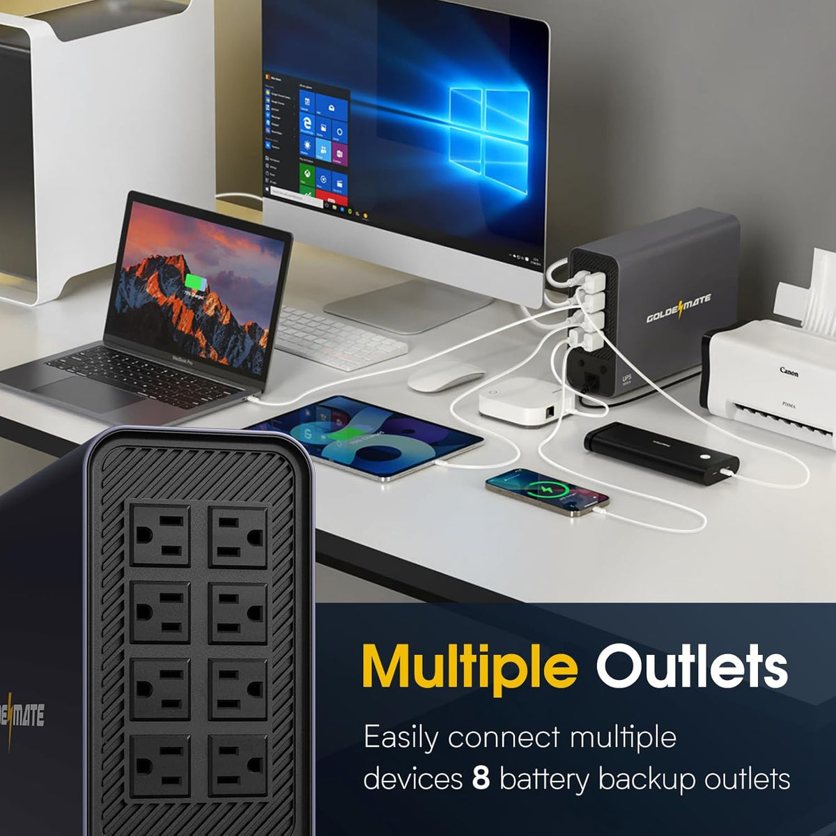 GOLDENMATE 1000VA/600W Lithium UPS Battery Backup and Surge Protector, Sinewave UPS System with LiFePO4 Battery(153.6 Wh), 2025 Upgraded Pro Ver. with Communication Port, 8 Outlets, LCD Display, Gray