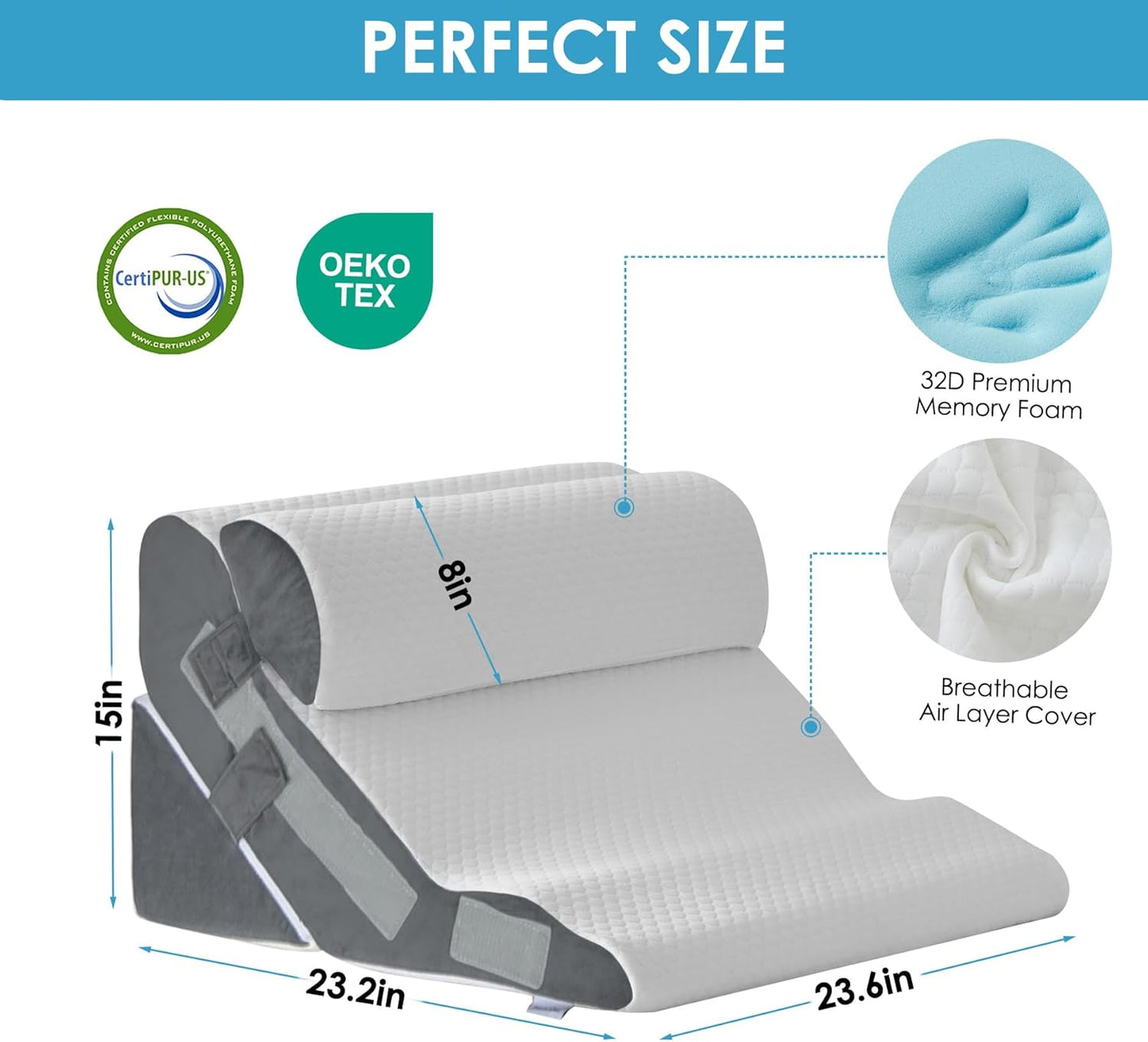 MEGCXIT 3PCS Bed Wedge Pillow for Headboard, Adjustable Wedge Pillow for Sleep Apnea, 23” Wide Triangle Pillow Wedge Set for After Surgery, Acid Reflux Relief, Snoring, Neck&Back Support, White/Grey