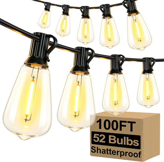 Brightever LED Outdoor String Lights 100FT Patio Lights with 52 Shatterproof ST38 Vintage Edison Bulbs, Outside Hanging Light Waterproof for Porch, Deck, Garden, Backyard, Balcony, 2700K Dimmable