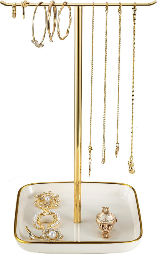 Jewelry Holder Stand with Ceramic Base: 12" Tall Necklace Organizer Rack, Tree Design Display Storage for Necklaces, Bracelets, Rings, Earrings, Aesthetic Room Décor for Girls and Women, Gold