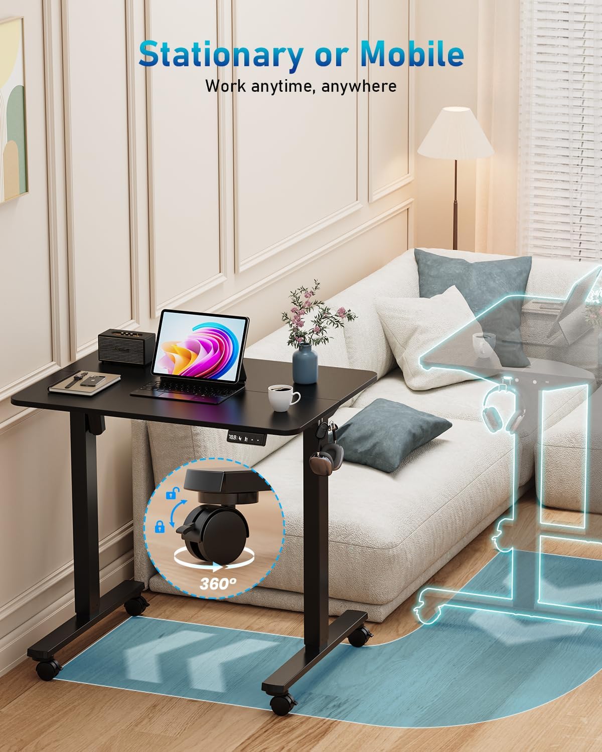 32" Small Electric Rolling Standing Desk Adjustable Height, Mobile Sit Stand up Desk with Lockable Casters for Home Office & Computer Workstation, Splice Board, 2 Hooks, Black Frame/Black Top