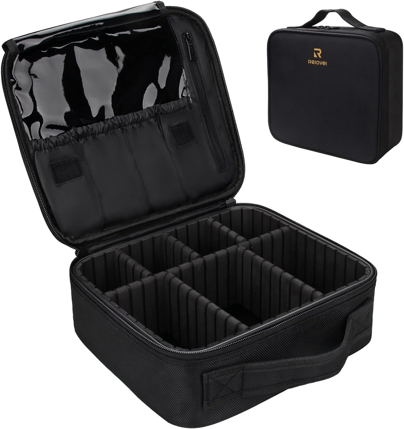 Relavel Makeup Case Large Makeup Bag Professional Train Case 16.5 inches Travel Cosmetic Organizer Brush Holder Waterproof Makeup Artist Storage Box, Large Capacity (Leather Black)