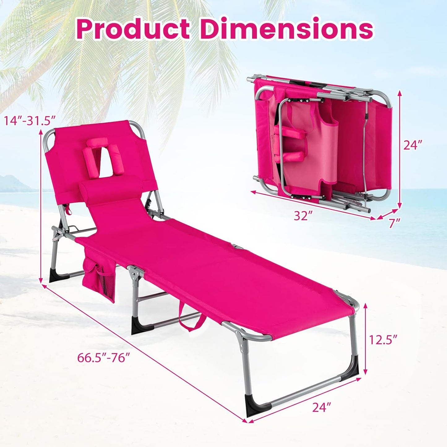 COSTWAY Tanning Chair with Face Hole, Folding Beach Lounge Chair with 4-Position Adjustable Backrest, Pillow & Side Pocket, Foldable Chaise Lounge Chair Outdoor for Sunbathing, Camping (1, Pink)