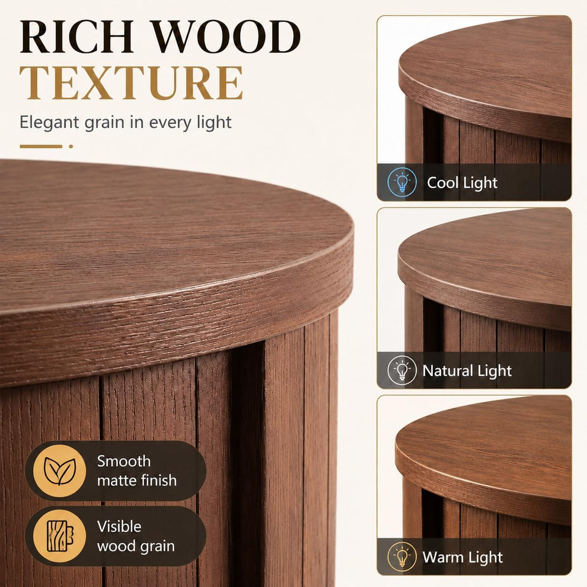 ARTPOWER 31.5" Round Coffee Table with Storage Mid Century Brown Walnut