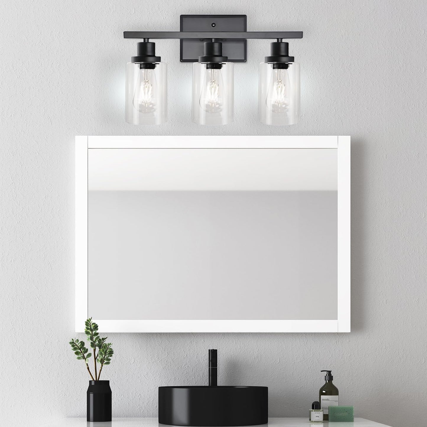 Ascher Bathroom Vanity Light Fixtures, 3 Light Wall Sconces Lighting with Clear Glass Shade, Black Wall Lights for Mirror, Kitchen, Living Room, Gallery, Hallway, E26 Base (Bulbs Not Included)
