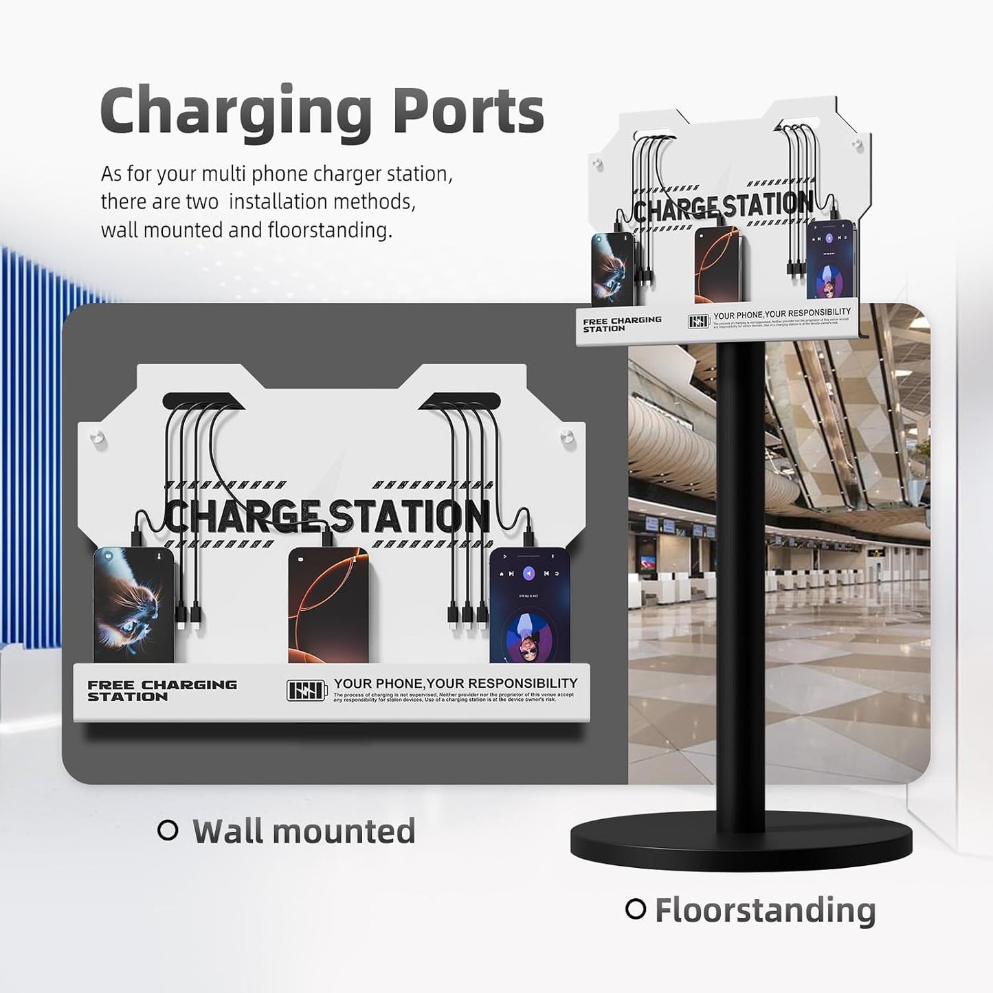 Mechanical Type Wall Mounted Charging Station with 8 PortHigh Speed Cables - Universal Dock for Apple, Type-C & Android Devices, Perfect for Airports, Hotels, Offices, School (White)