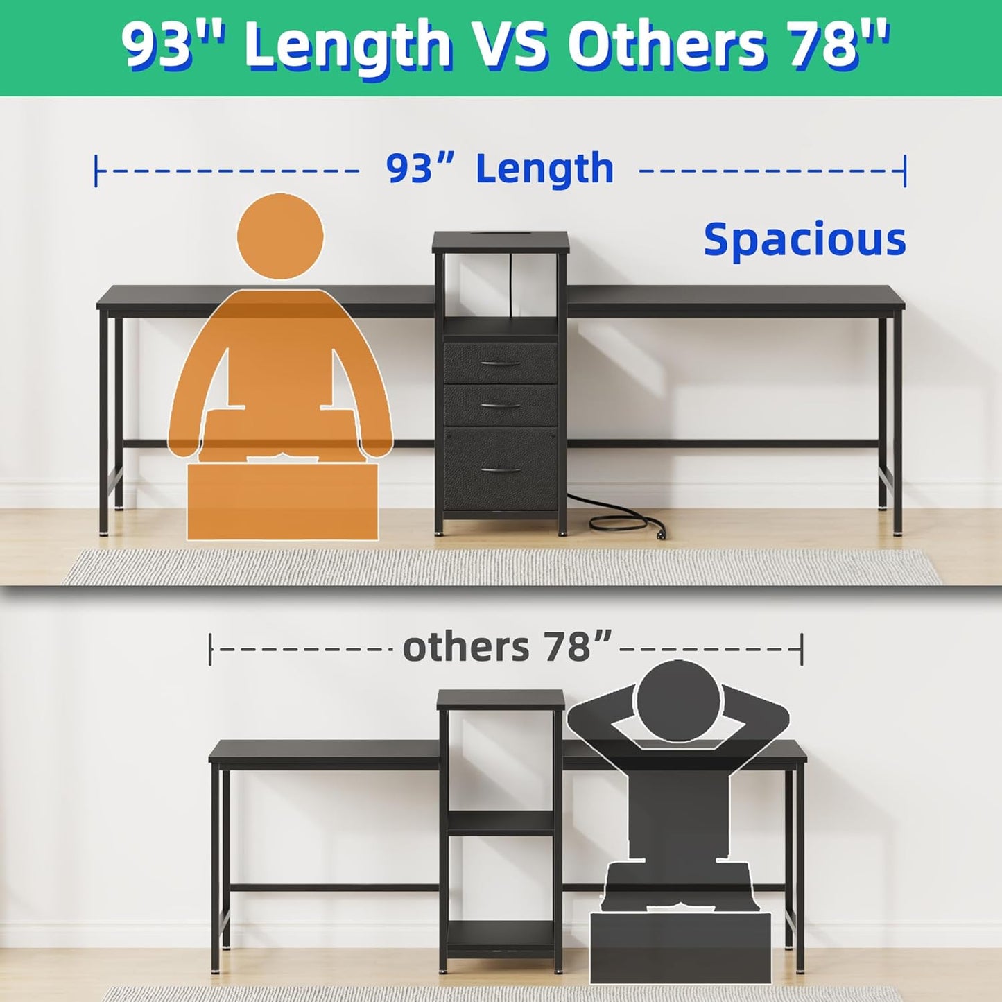 GYIIYUO 93'' Two Person Gaming Desk with Charging Station, Long Desk with 3 Drawers and Printer Shelf, Double Computer Desk, 2 Person Writing Study Table Workstation for Home Office, Black