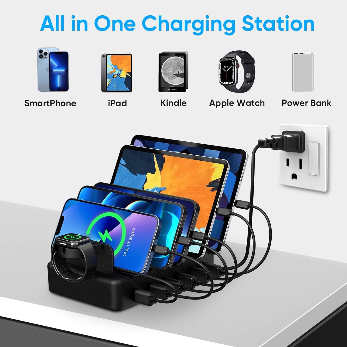 Charging Station for Multiple Devices, 50W 6 Ports USB Charger Station | with Apple Watch Holder & 6 Cables, for iPad Cellphone Kindle Tablet and Other Electronic, 1 USB-A to USB-C Adapter Converter