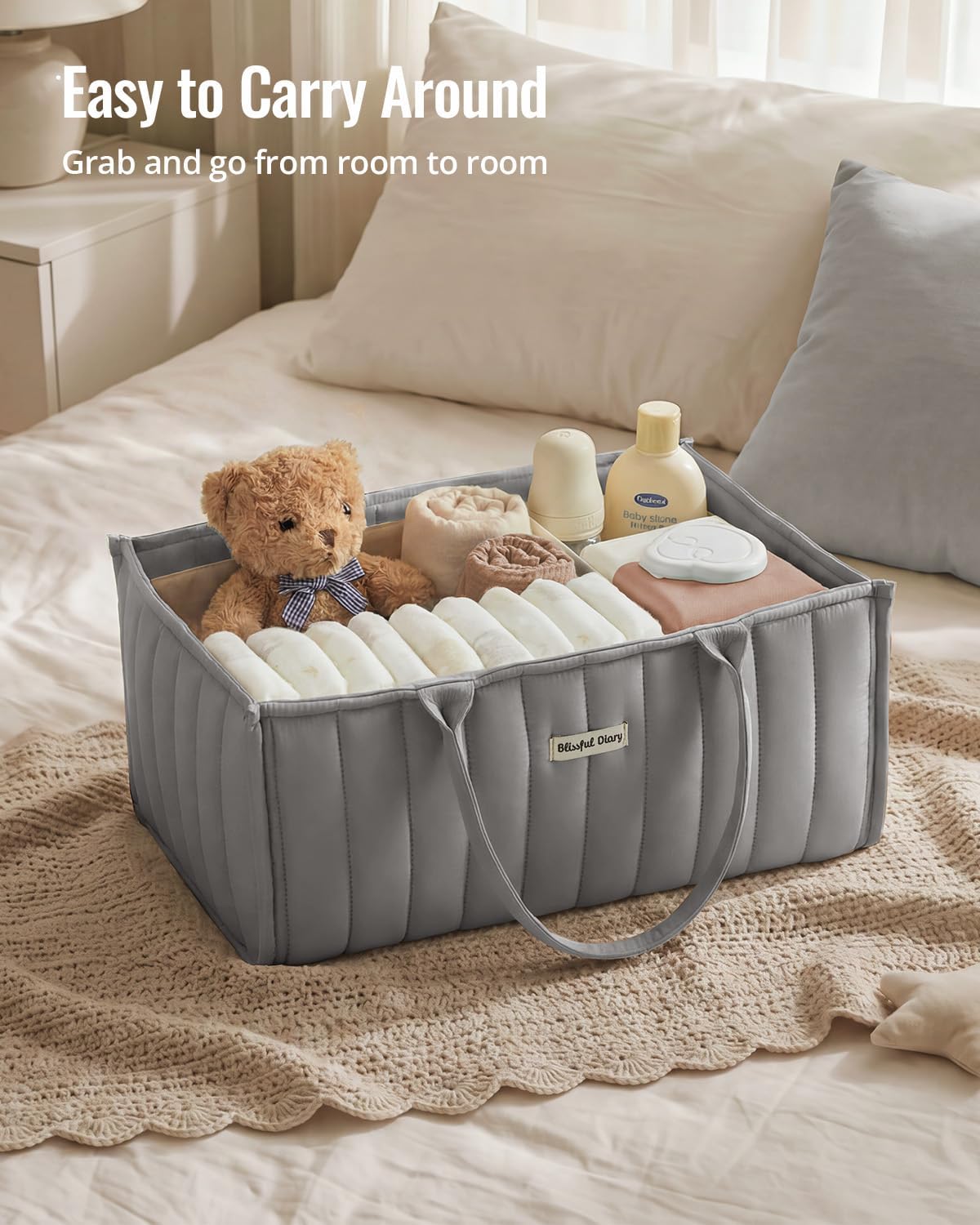 Blissful Diary Baby Diaper Caddy Organizer, Stylish Storage Basket for Newborn Essentials and Diaper Station, Gift for Baby Shower and Registry Must-Have, Light Gray