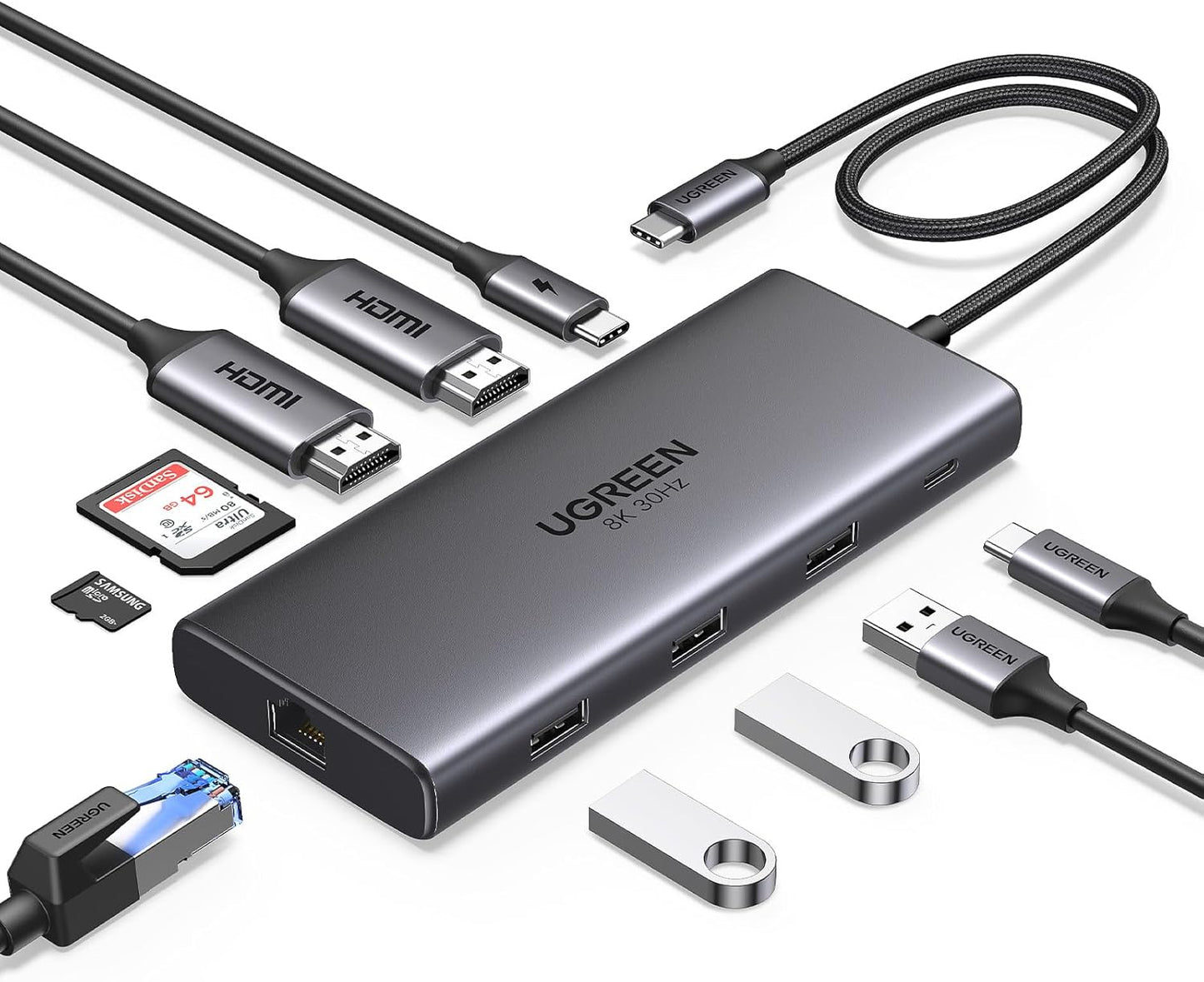 UGREEN Docking Station 10 in 1 Revodok Pro 210 USB C Dock Dual HDMI 4K@60Hz Single 8K@30Hz 100W PD 5Gbps USB C and USB A Data Ports Gigabit Ethernet, SD/TF Card Reader USB Hub Compatible for HP, Dell