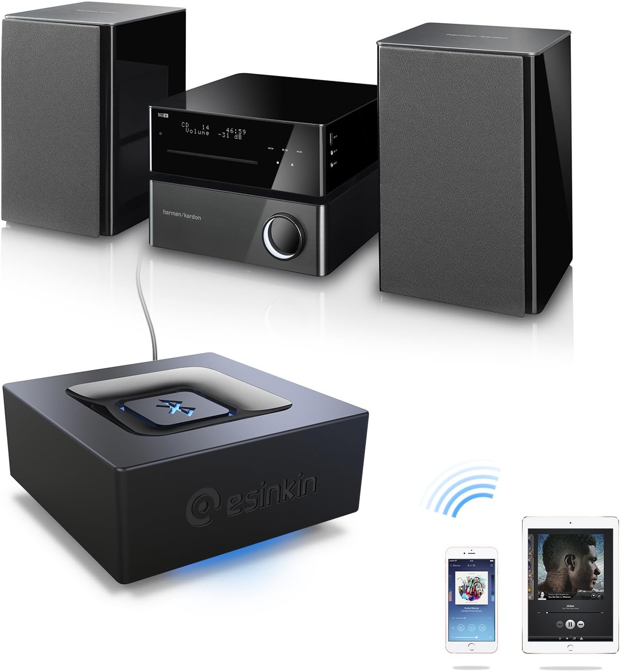 Bluetooth Audio Adapter for Music Streaming Sound System, Esinkin Wireless Audio Adapter Works with Smartphones and Tablets, Bluetooth Receiver for Home Stereo