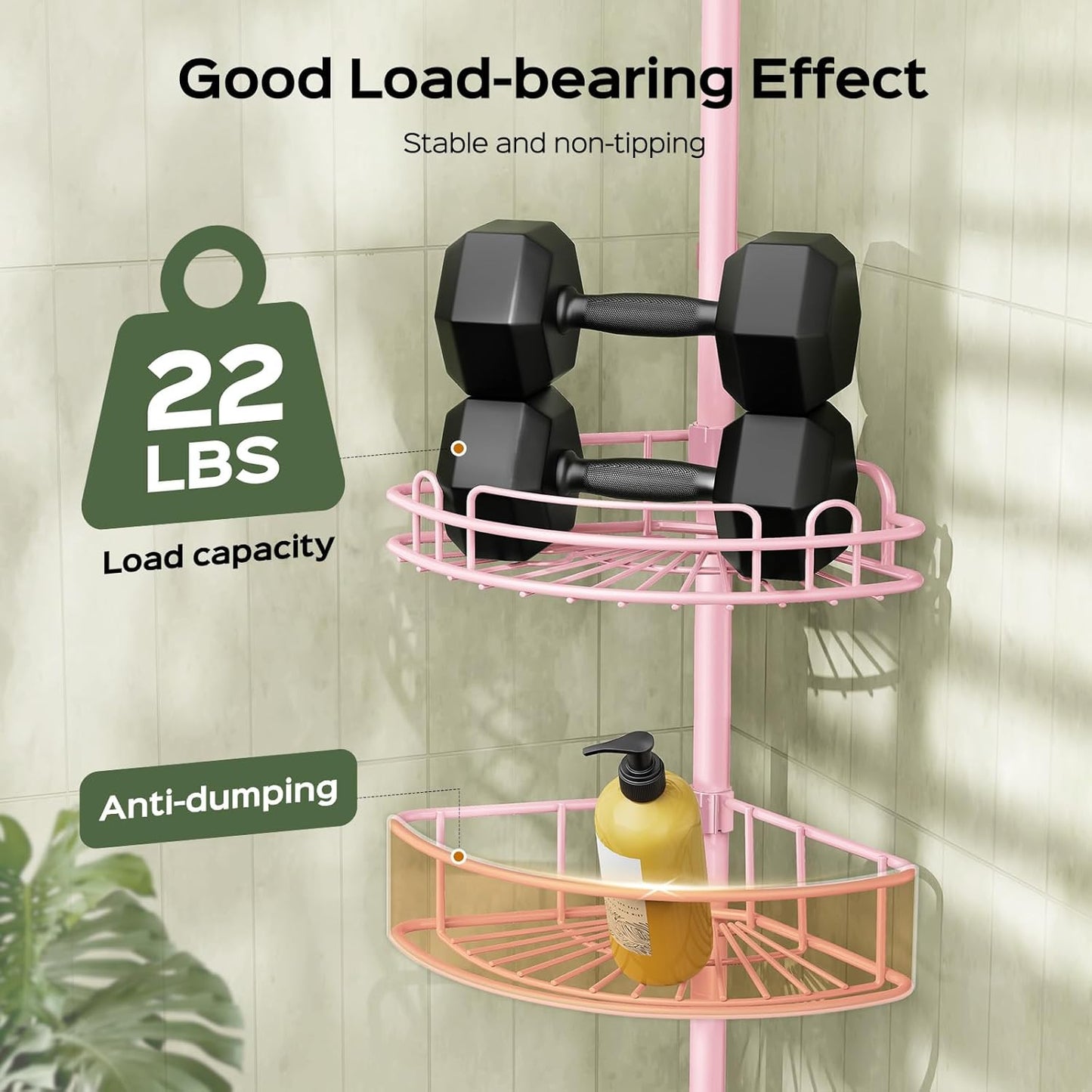 HAMITOR Corner Shower Caddy Tension Pole: 4-Tier Rust-Resistant Adjustable Bathroom Organizer Shelves - 47-121 Inch No-Drill Quick Installation - Space-Saving Storage for Renters Family - Pink