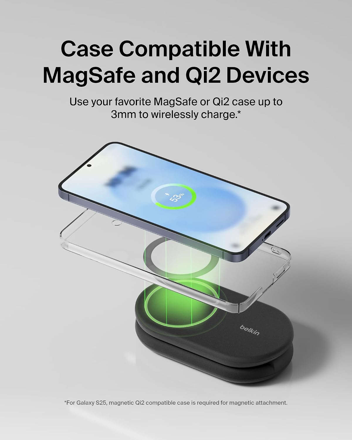Belkin Qi2 15W Magnetic Wireless Charger, 2 in 1 Foldable, Non-Slip | MagSafe compatible, iPhone 16, Apple Watch, Samsung Galaxy S25 compatible, power adapter included