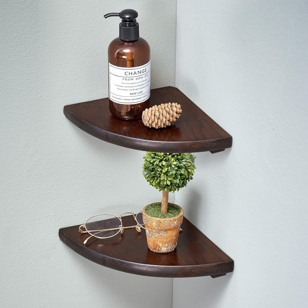 Corner Wall Shelves, White Floating Corner Shelf, Set of 2 16inch Solid Oak Wood Shelves, Round End Wall Mount Display Shelf with Wire Hole for Small Plant for Bedroom Kitchen, Living Room