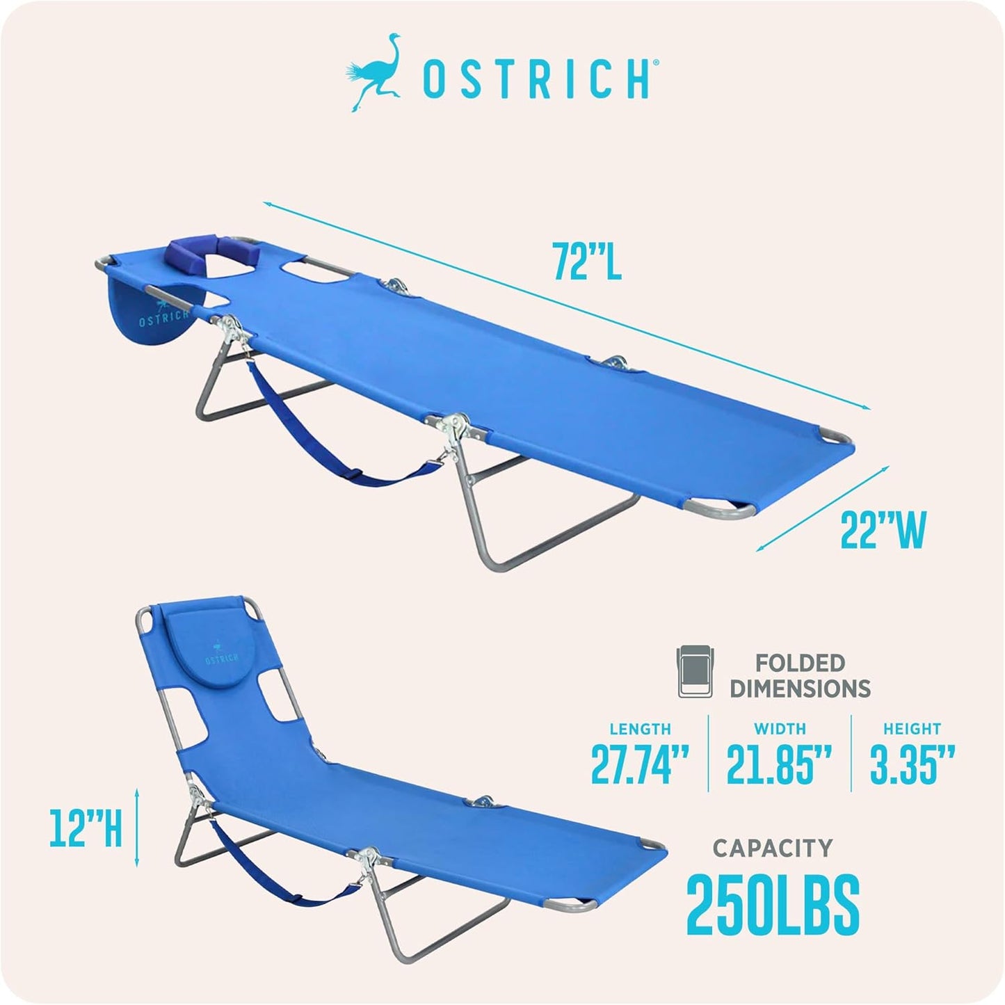 Ostrich the Original Chaise 72 x 22 Inch Lounge Portable Reclining Lounger, Outdoor Patio, Beach, Lawn, Camping, or Pool Tanning Chair, Ocean Blue