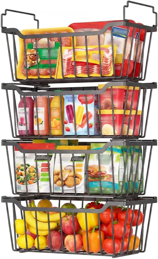 Goovilla Freezer Organizer Bins with Foldable Handle, 4 Pack Stackable Freezer Baskets for 3.5-7 Cu.FT Deep Chest Freezer Organization, Coated Metal Freezer Storage Bins with Better Space Utilization