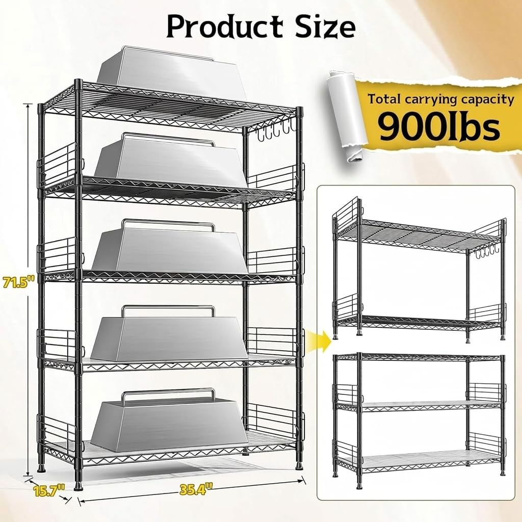 DurayLoly Adjustable Wire Shelving, 5 Hooks & 8 Blockers, Shelf for Kitchen