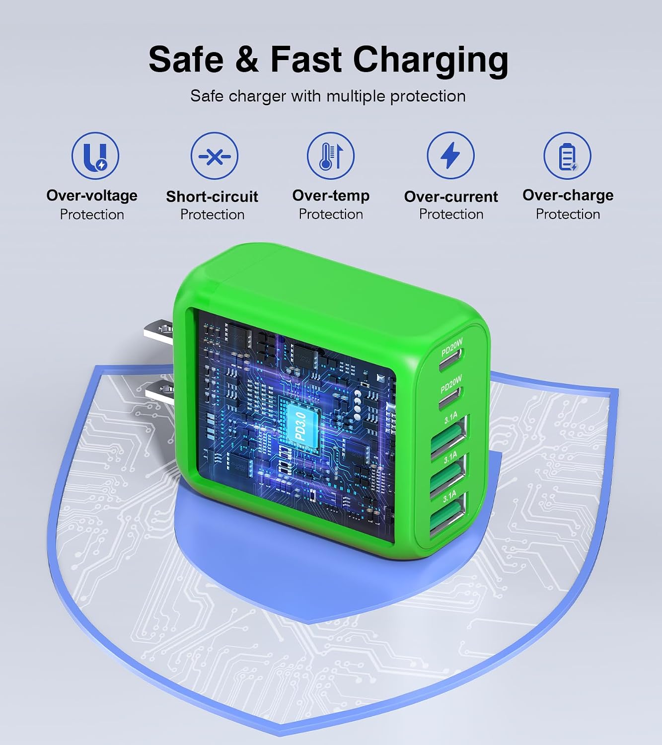 50W USB C Wall Charger Block,5-Port C Charger Fast Charging Block PD Power Adapter +QC Multiport Type C Box Charger Cube USB A Wall Plug for iPhone 14/15/16/17 Pro Max Plus,Samsung(Green)(2-Pack)