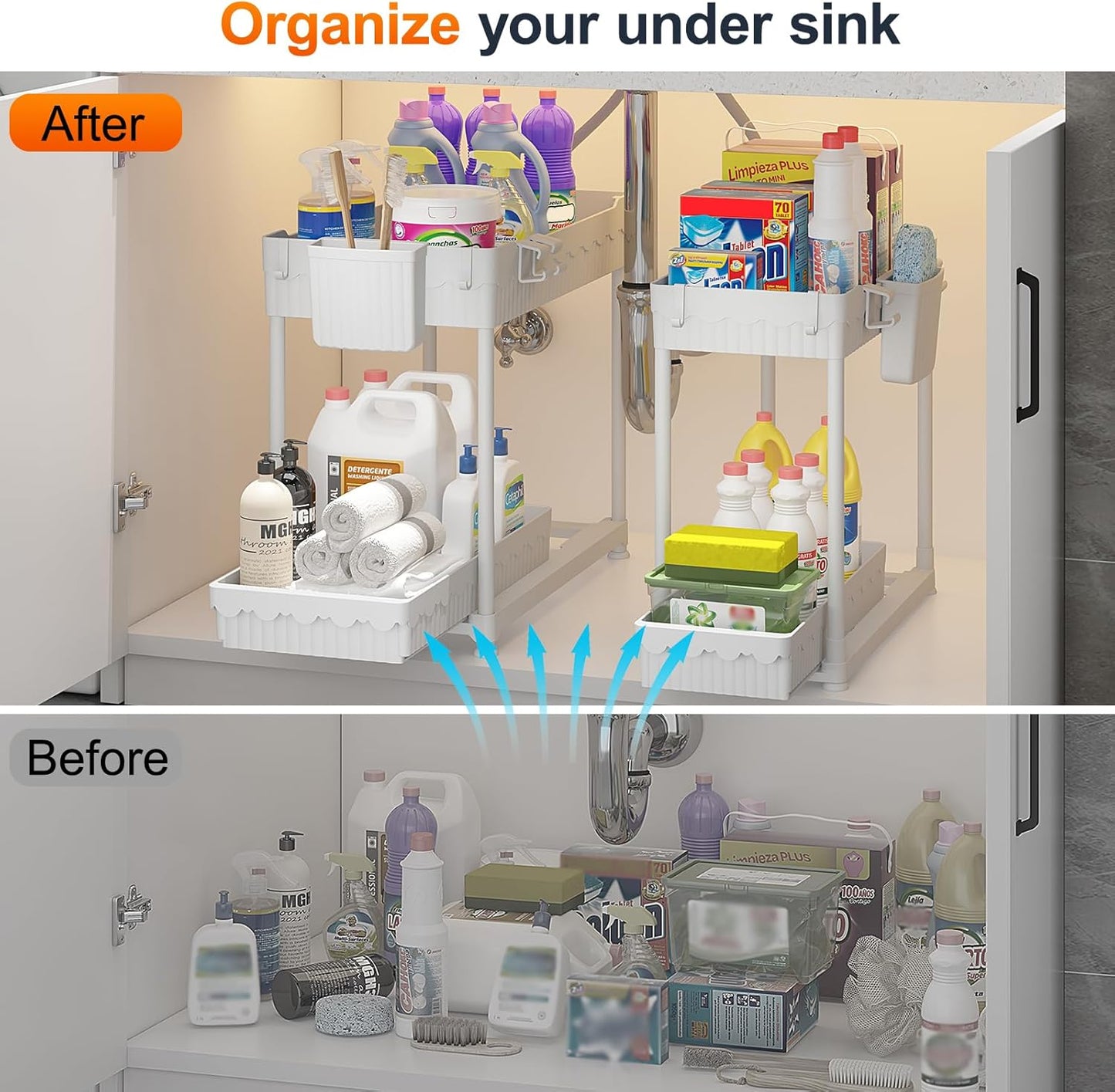 Sevenblue Under Sink Organizer, Bathroom Organizers and Storage, 2 Tier Multi-Use Pull Out Cabinet Organizer with Hang Hooks and Cups (White, 4 Pack)
