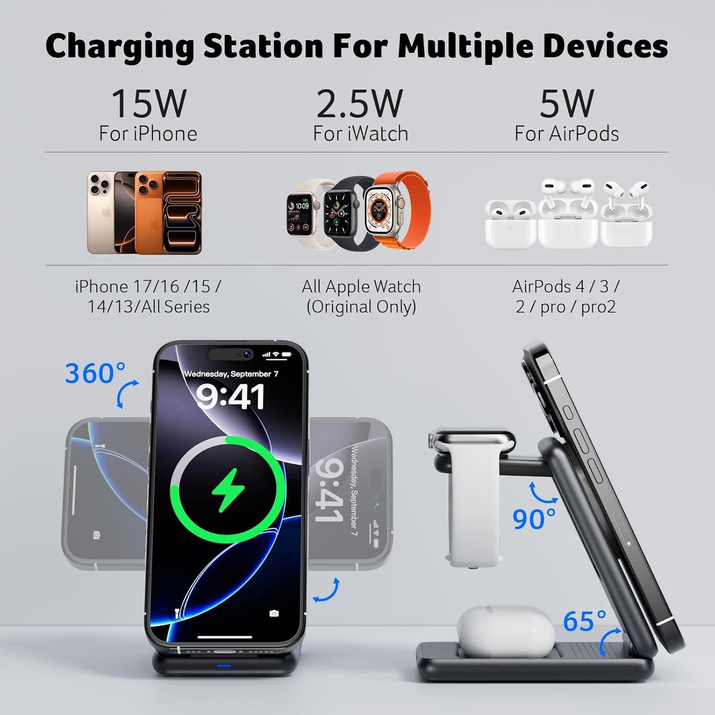 Acer 3 in 1 Charging Station for Apple Device, Magnetic Palm-Sized Foldable Fast Charger Stand Compatible with MagSafe for iPhone 17, Apple Watch & AirPods, Foldable Charging Dock for Desk S3