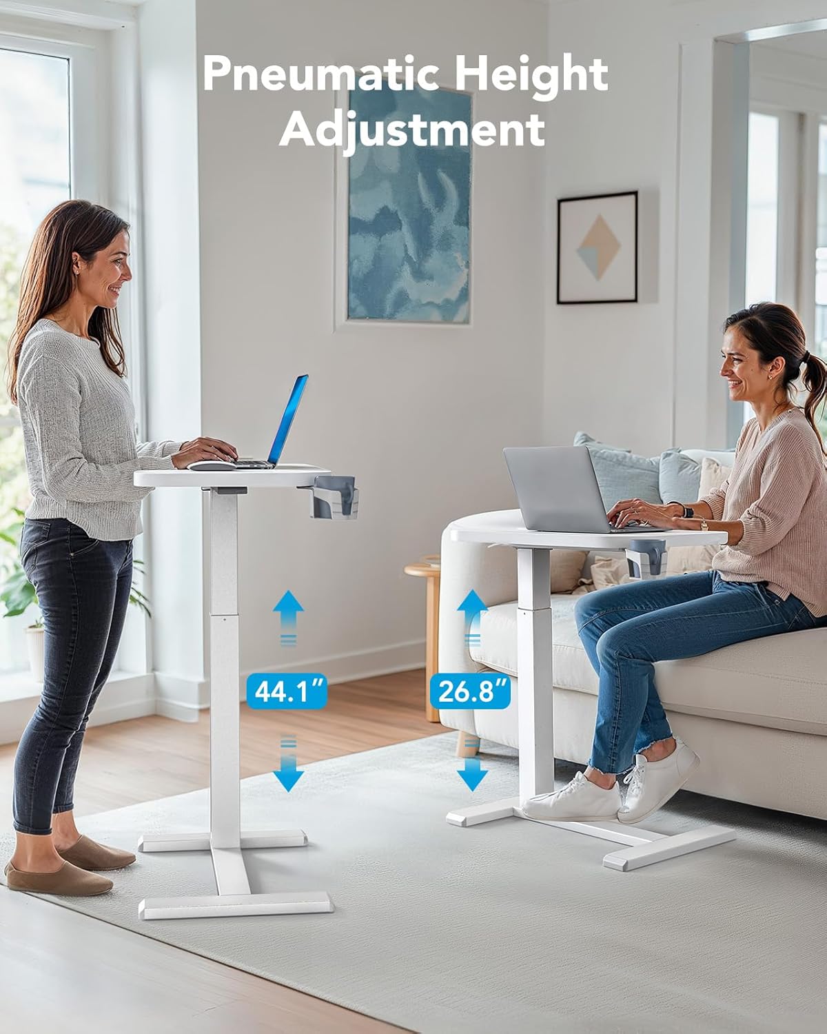 HUANUO 32Inch Bedside Table with Wheels, Height-Adjustable Rolling Computer Cart, Overbed Table with Cup Holder, Pneumatic Laptop Standing Desk for Home Office, White