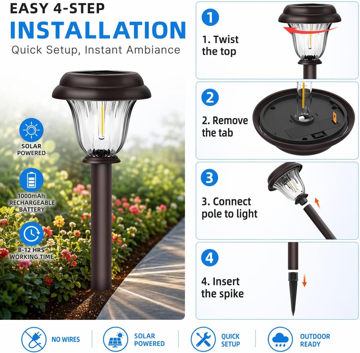 Solar Lights Outdoor, 6 Pack Metal Solar Pathway Lights, Heavy Duty Stainless Steel & Glass, Auto On/Off Waterproof Garden Lights for Driveway Landscape Walkway Yard Outdoor Decor (Warm White)