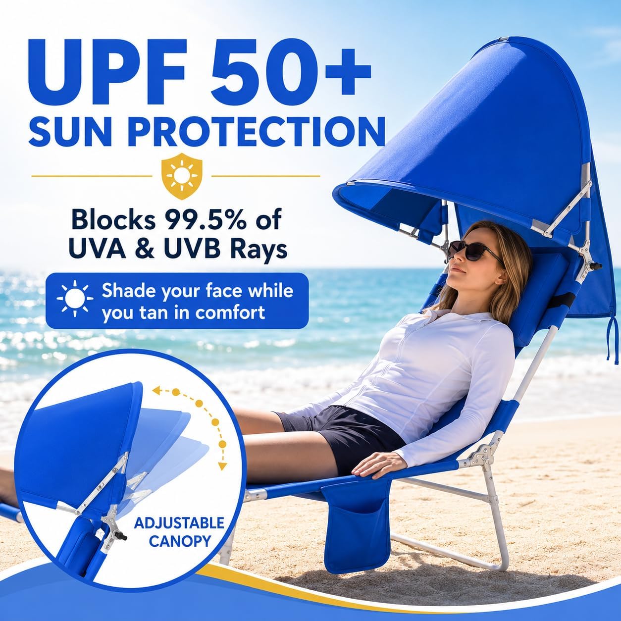 Backpack Beach Tanning Lounge Chair with Canopy Shade Face Hole Padded Adjustable Washable, 6 Position Layout Chair for Outside Sunbathing Poolside Lawn, UPF 50+ Wind-Resistant Sun Shade, Patented