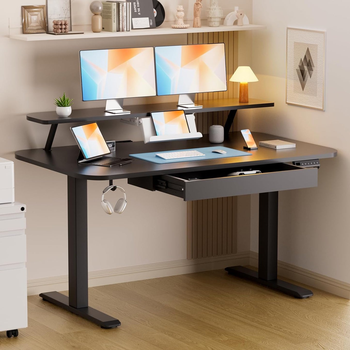 GTPLAYER Electric Standing Desk with Drawers, 48 x 24 Inches Height Adjustable Computer Desk with Monitor Stand, Laptop Stand, Sit Stand up Desk with Memory Preset for Home, Office, Black