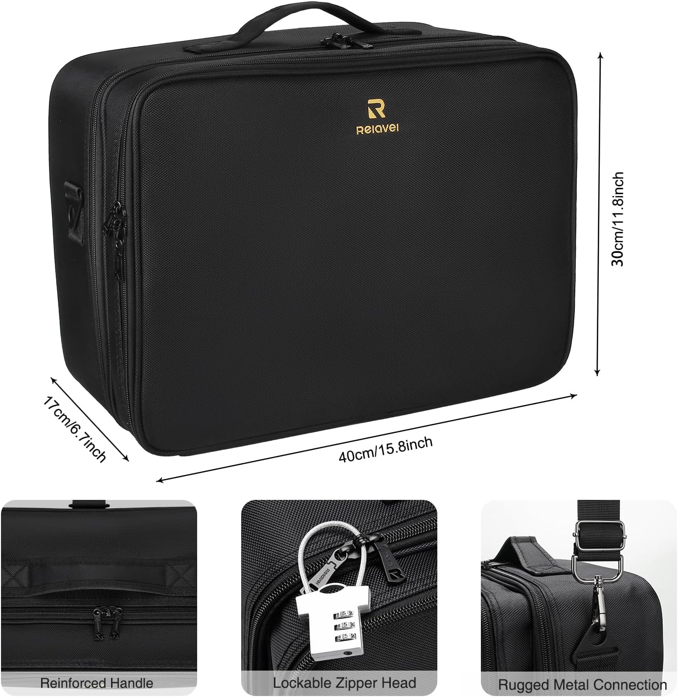 Relavel Makeup Case Extra Large Makeup Bag for Women Travel Makeup Artist Box Nail Polish Cosmetic Brush Storage Organizer with Adjustable Plastic Dividers Black