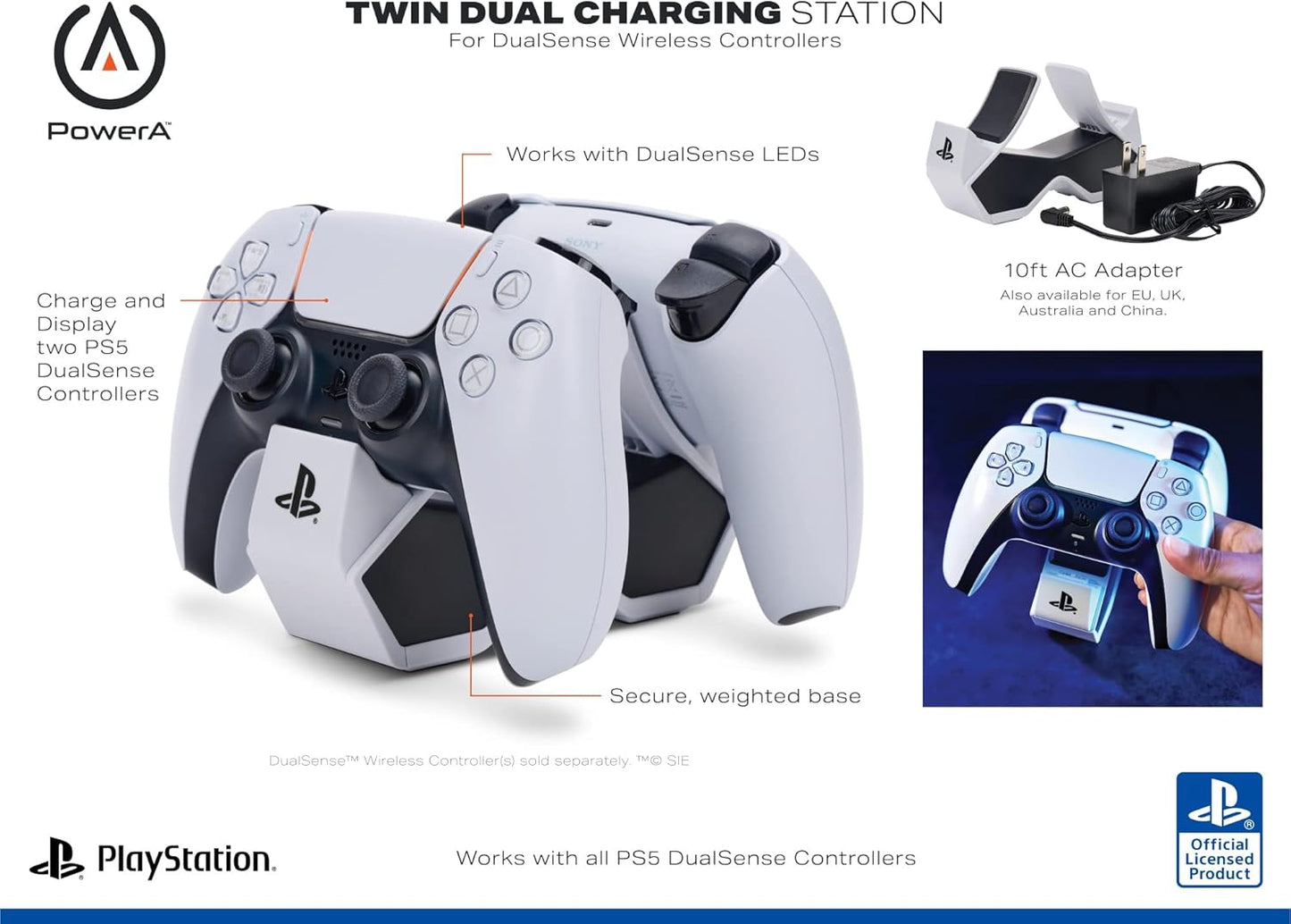PowerA Twin Charging Station for Dualsense Wireless Controllers, Dualsense Controller Charging, Charge, Sony PlayStation, PS5, Officially Licensed - PlayStation 5