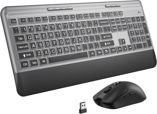 KOPJIPPOM Silent Wireless Keyboard and Mouse Combo - Keyboard with Large Print Cover, 2.4GHz Full-Sized Ergonomic Keyboard with Wrist Rest and Mouse for Laptop, PC, Notebook, Desktop