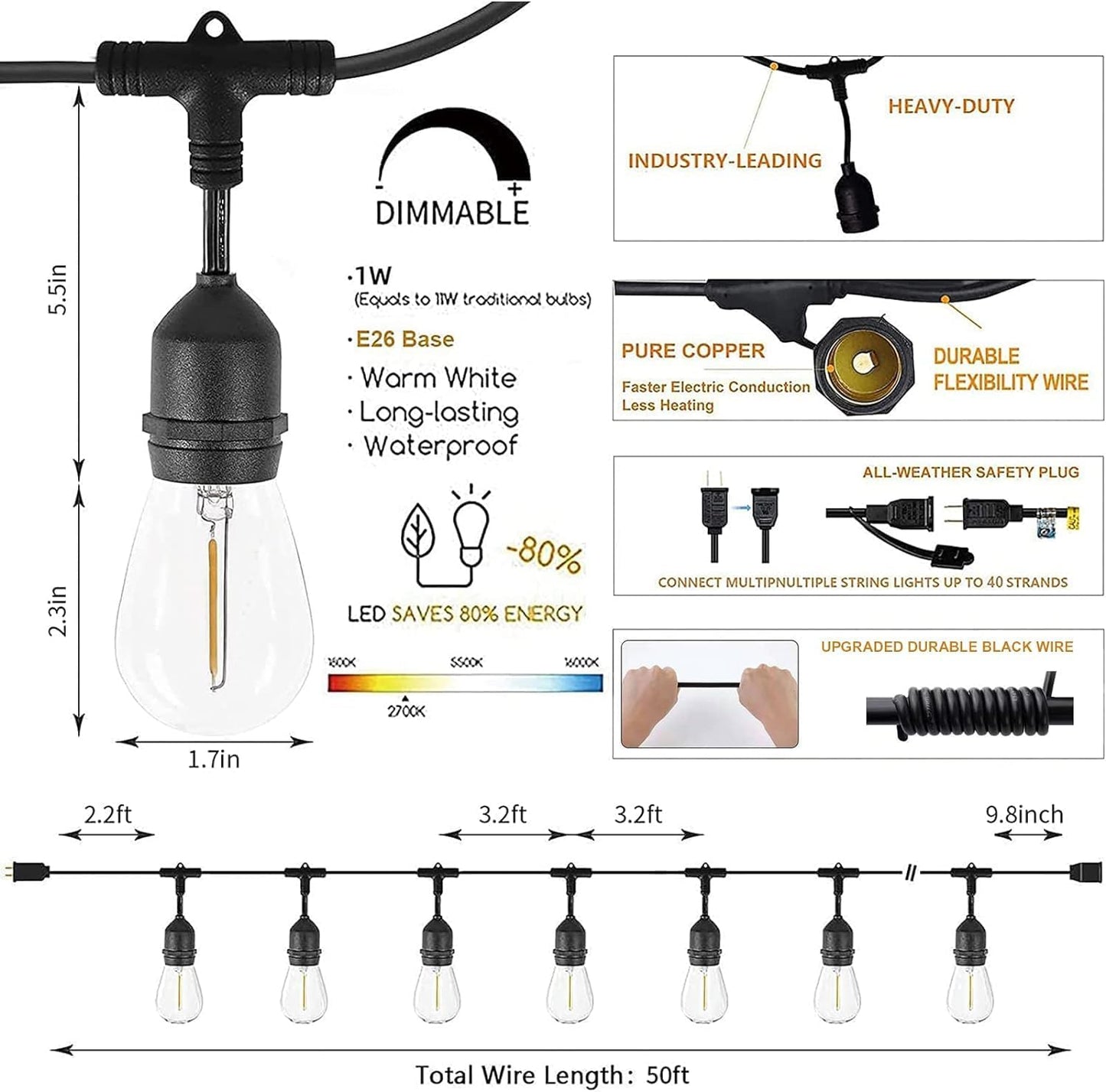 Svater Outdoor String Lights Led 105FT, Commercial Grade Patio Light with 1W Dimmable S14 Shatterproof Bulbs, ETL Listed Heavy-Duty Outside Waterproof Cafe Bistro Market Lighting Warm White