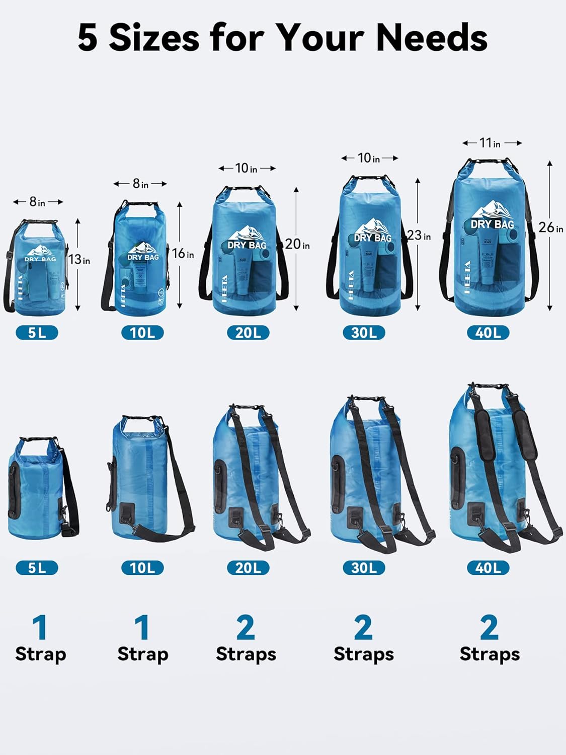 HEETA Dry Bag Waterproof for Women Men, 5L/10L/20L/30L/40L Roll Top Lightweight Dry Storage Bag Backpack with Phone Case for Travel Swimming Boating Kayaking Paddle Board Camping Beach Accessories