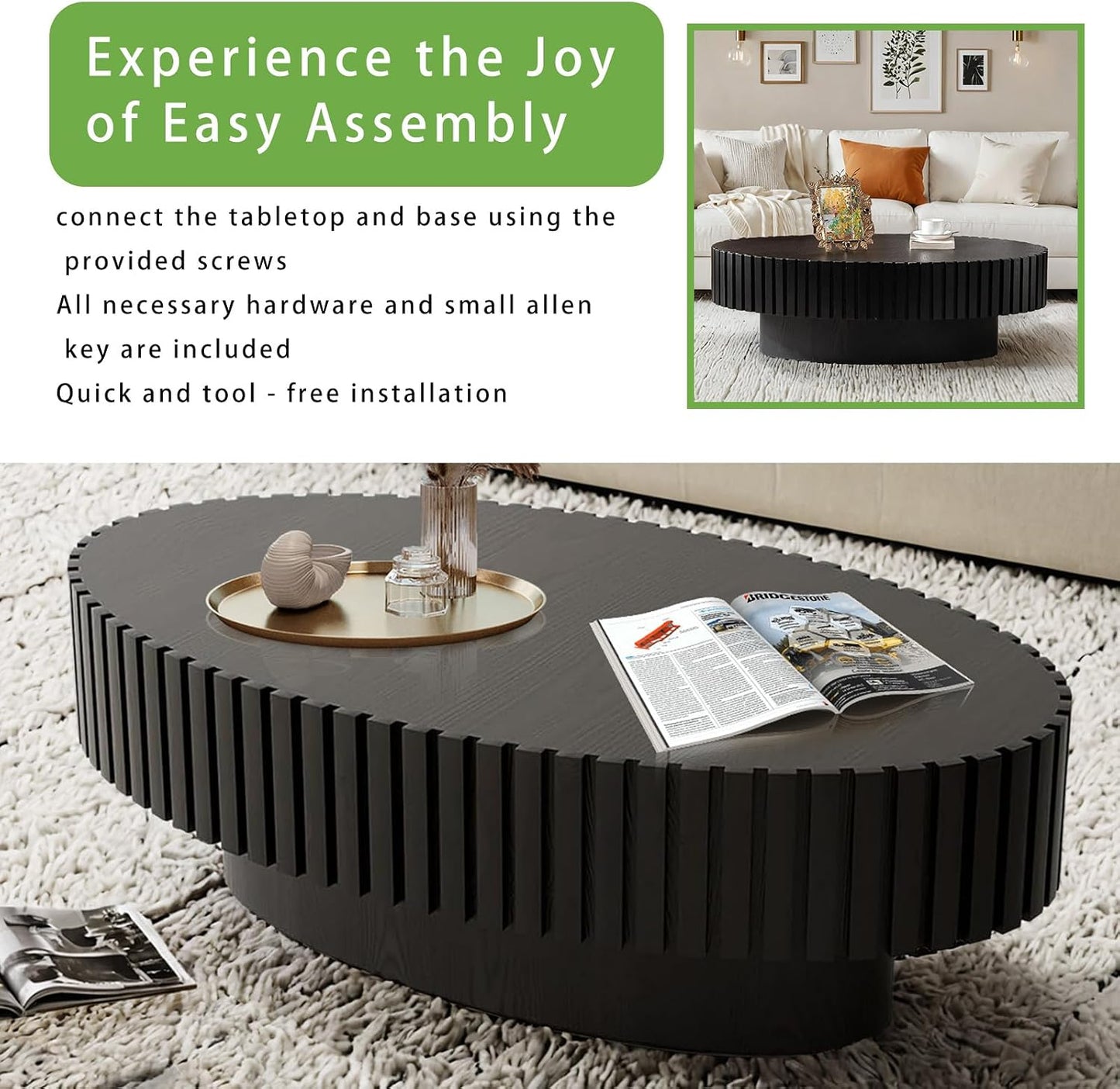 Mid Century Modern Oval Coffee Table for Living Room (Oval Black) | Drum Oval Fluted Wood Coffee Table, Pedestal Center Table for Office Patio