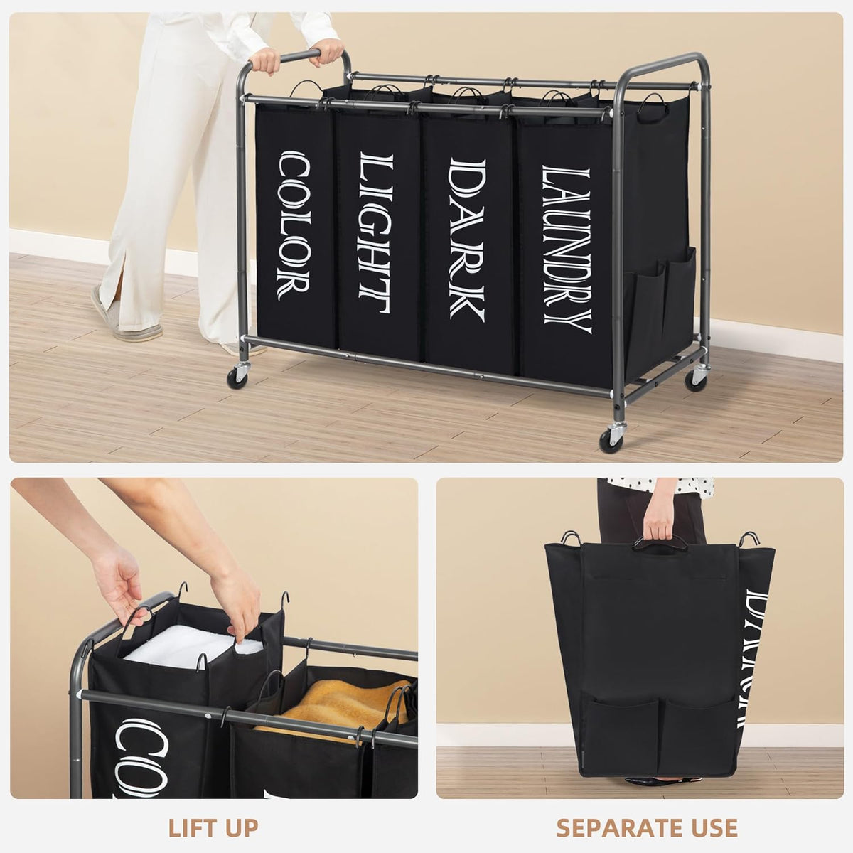 STORAGE MANIAC Laundry Sorter 4 Section, 47.8 Gal (181 L) Laundry Hamper with Wheels, Clothes Divider Basket Sorter, Clothes Separator Hamper Cart with Wheels and Removable Bags, Label Black
