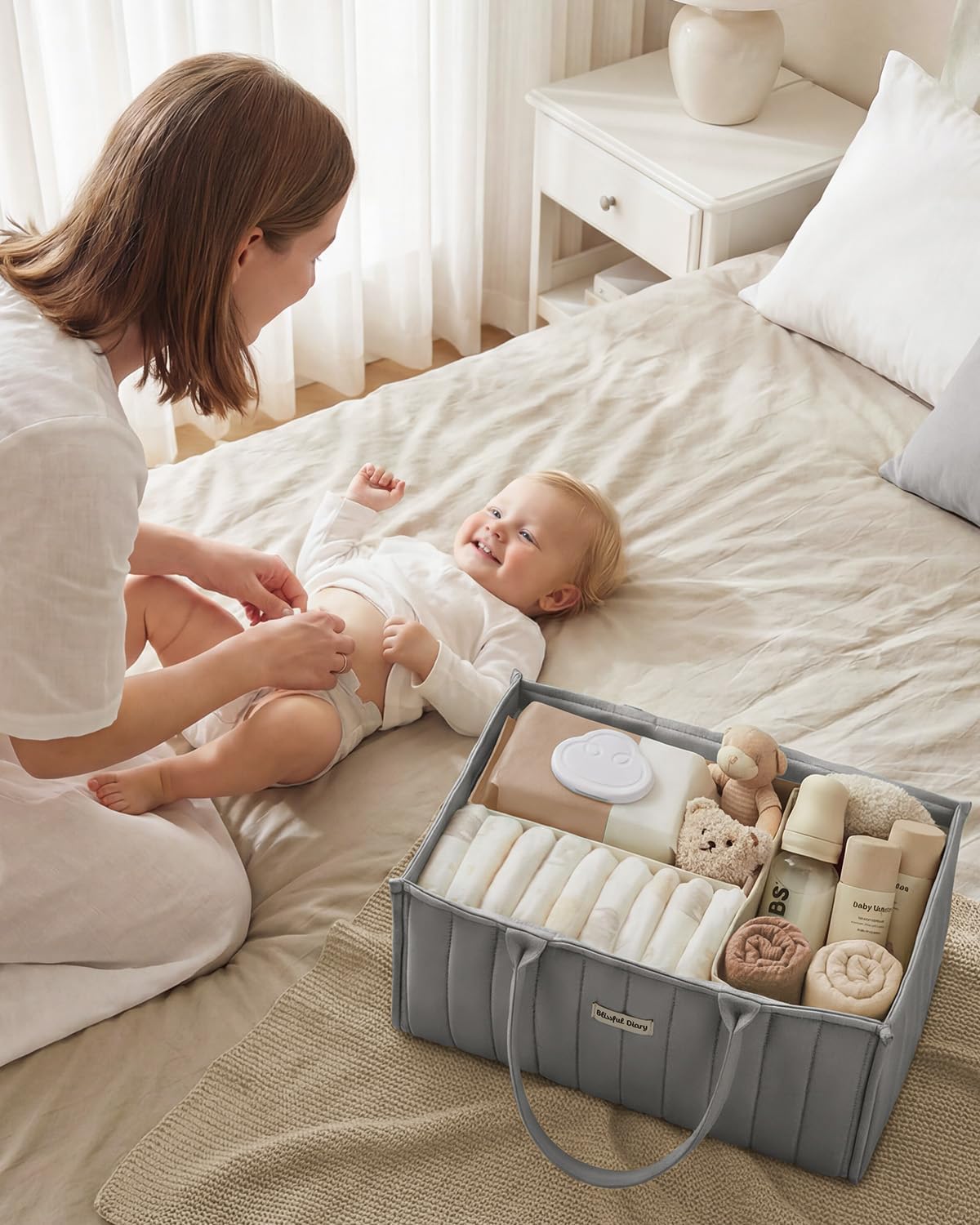 Blissful Diary Baby Diaper Caddy Organizer, Stylish Storage Basket for Newborn Essentials and Diaper Station, Gift for Baby Shower and Registry Must-Have, Light Gray