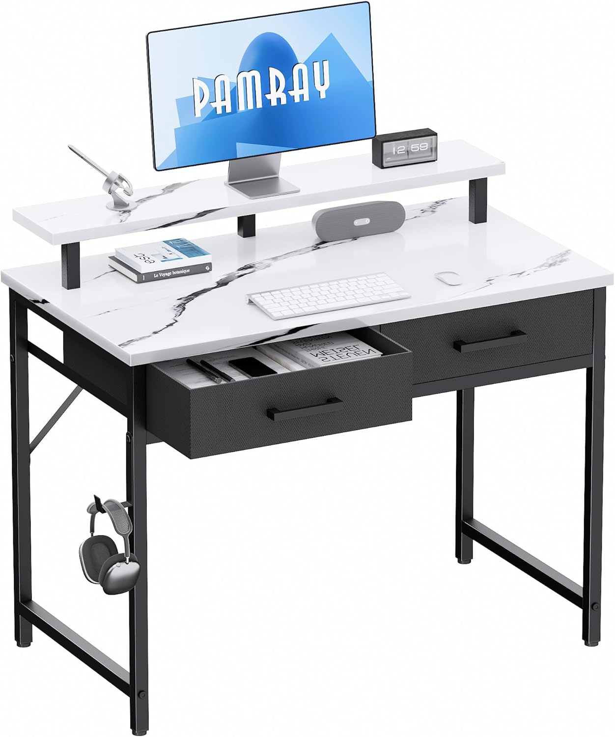 Pamray 32 Inch Small Computer Desk with Monitor Stand Home Office Desks with 2 Drawers for Bedroom Study Writing and Work Table for Small Spaces White